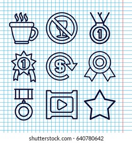 Set of 9 badge outline icons such as coffee, star, no alcohol, play, dollar, medal