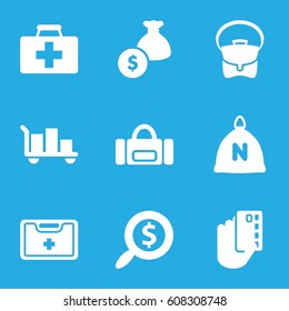   set of 9 bag filled icons such as sack, first aid kit, medical kit, search dollar, luggage