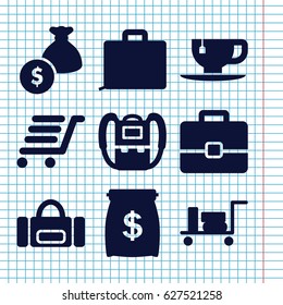 Set of 9 bag filled icons such as luggage, backpack, tea cup, luggage cart, case, money bag, money sack