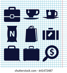Set of 9 bag filled icons such as luggage, shopping bag, tea cup, bag with ground, case, tea