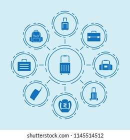 Set of 9 baggage filled icons such as case, luggage, sport bag, backpack, luggage