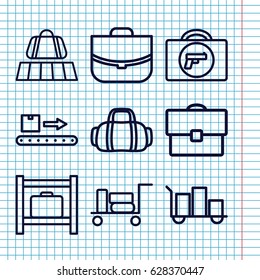 Set of 9 baggage outline icons such as luggage belt, luggage, briefcase with weapon, case