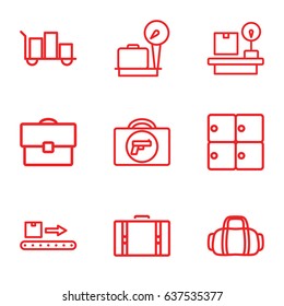 set of 9 baggage outline icons such as briefcase with weapon, lugagge weight, luggage storage, luggage scan, suitcase, case, sport bag