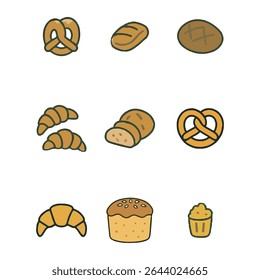 Set of 9 Bakery (Bread and Croissants) icons. Simple cartoon style illustration.