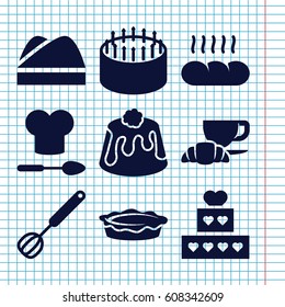Set of 9 bakery filled icons such as cake, coffee and croissant, pie, chef hat, bread, chef hat and spoon