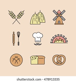 Set of 9 bakery icons made in line art style.