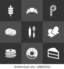 Set Of 9 Bakery Icons Set.Collection Of Striped Lollipop, Shortcake, Potholders And Other Elements.