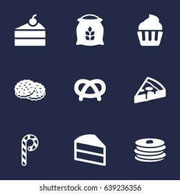 Set Of 9 Bakery Icons Set.Collection Of Striped Lollipop, Crepe, Sweetmeat And Other Elements.