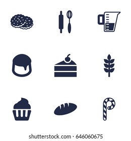 Set Of 9 Bakery Icons Set.Collection Of Measurement, Striped Lollipop, Loaf And Other Elements.