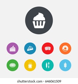 Set Of 9 Bakery Icons Set.Collection Of Cake, Grain, Pepperoni And Other Elements.