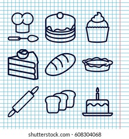 Set of 9 bakery outline icons such as bread, cake with one candle, cake, pie, muffin, chef hat and spoon