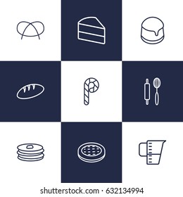 Set Of 9 Bakery Outline Icons Set.Collection Of Candy Cane, Bread, Pudding Elements.