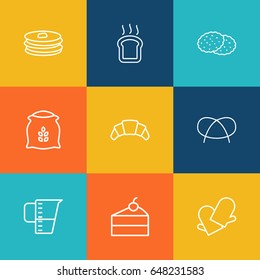 Set Of 9 Bakery Outline Icons Set.Collection Of Croissant, Flour, Cheesecake And Other Elements.