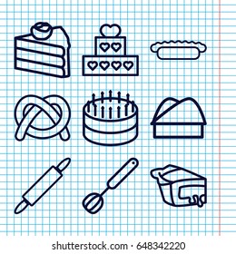 Set of 9 bakery outline icons such as pie, chef hat, corolla, dough pin, cake