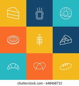 Set Of 9 Bakery Outline Icons Set.Collection Of Wheat, Pretzel, Cake And Other Elements.
