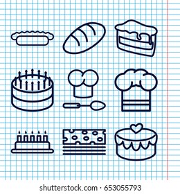 Set of 9 bakery outline icons such as bread, piece of cake, heart lock, pie, chef hat, chef hat and spoon