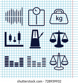 Set of 9 balance filled and outline icons such as equalizer, pendulum, weight, scales, panel control