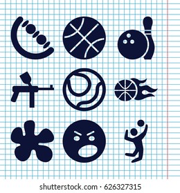 Set of 9 ball filled icons such as baby toy, angry emot, volleyball player, basketball, bowling, paintball