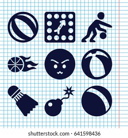 Set of 9 ball filled icons such as ball, angry emot, bomb, board game, basketball, basketball player, shuttlecock