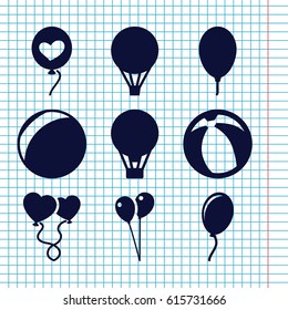 Set of 9 balloon filled icons such as balloon, heart baloons, heart balloons, air balloon, beach ball