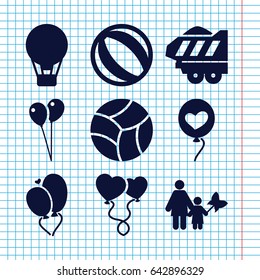 Set of 9 balloon filled icons such as balloon, cargo trailer, heart baloons, heart balloons, beach ball, air balloon