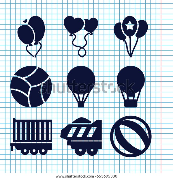 Set of 9 balloon\
filled icons such as cargo trailer, heart baloons, heart balloons,\
balloon, beach ball