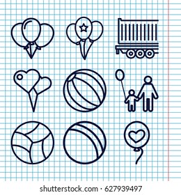 Set of 9 balloon outline icons such as ball, cargo trailer, heart baloons, balloon, beach ball, father and son