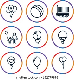 Set of 9 balloon outline icons such as ball, cargo trailer, heart balloons