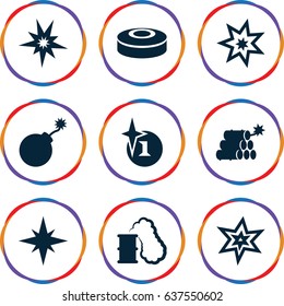 set of 9 bang filled icons such as explosion, dynamite, smoke bomb, smoking can