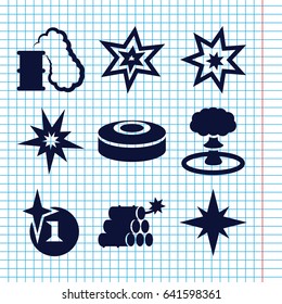 Set of 9 bang filled icons such as explosion, dynamite, smoke bomb, smoking can