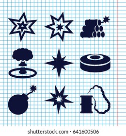 Set of 9 bang filled icons such as explosion, dynamite, smoke bomb, smoking can