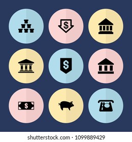 Set of 9 banking filled icons such as atm money withdraw, dollar down, money, pig, bank