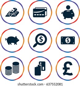 set of 9 banking filled icons such as pig, card, coin, search dollar, money dollar, gold bar, credit card payment, piggy bank