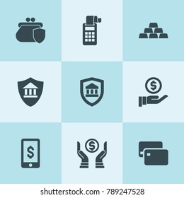 Set of 9 banking filled icons such as gold, bank insurance, dollar sign on phone, pos terminal, money security, money care
