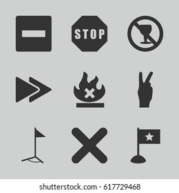 set of 9 banner filled icons such as no alcohol, no fire, fast forward, cancel, stop, flag, peace