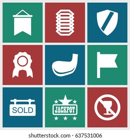 set of 9 banner filled icons such as jackpot, no alcohol, sold tag, golf stick, electric circuit, flag, medal