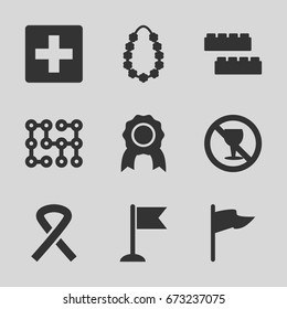  set of 9 banner filled icons such as child building kit, no alcohol, flag, garland, ribbon, electric circuit, medal
