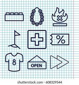 Set of 9 banner outline icons such as no fire, fast forward, garland, open plate, flag, football t shirt, plus, ticket on sale