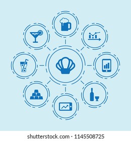 Set of 9 bar filled icons such as graph on phone display, wine, gold, cocktail, graph on phone, graph, cocktail, beer