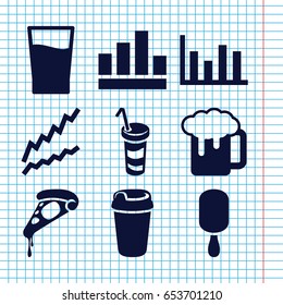 Set of 9 bar filled icons such as beer mug, pizza, drink, ice cream on stick, chart