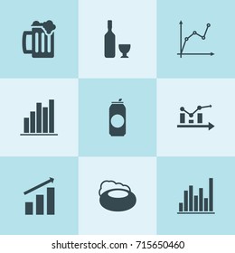 Set of 9 bar filled icons such as wine, graph chart, soap, diagram, chart, chart graph, beer mug, can