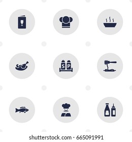 Set Of 9 Bar Icons Set.Collection Of Catsup, Broth, Cook And Other Elements.