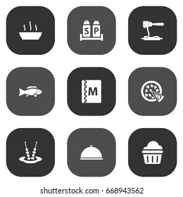 Set Of 9 Bar Icons Set.Collection Of Tuna, Canape, Sweet And Other Elements.