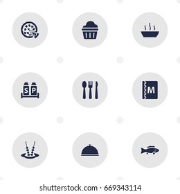 Set Of 9 Bar Icons Set.Collection Of Sweet, Condiments, Book And Other Elements.