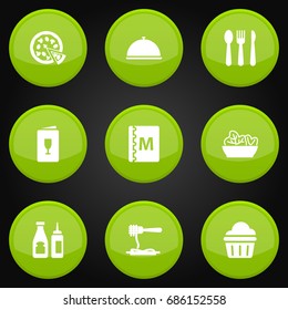 Set Of 9 Bar Icons Set.Collection Of Tray, Food, Sweet And Other Elements.