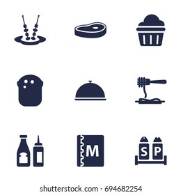 Set Of 9 Bar Icons Set.Collection Of Sweet, Canape, Tray And Other Elements.