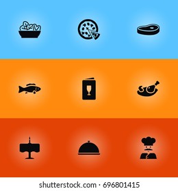 Set Of 9 Bar Icons Set.Collection Of Dinner Desk, Tray, Meat And Other Elements.