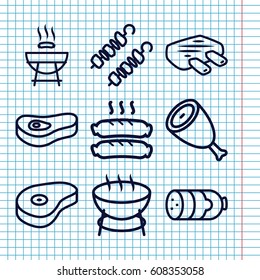 Set of 9 barbecue outline icons such as sausage, beef, meat, kebab, barbeque