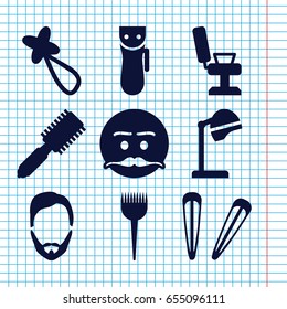 Set of 9 barber filled icons such as electric razor, barber brush, hair brush, salon hair dryer, barber chair, man hairstyle, hair barrette