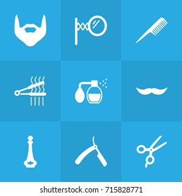 Set Of 9 Barber Icons Set.Collection Of Hipster, Hairbrush, Whiskers And Other Elements.